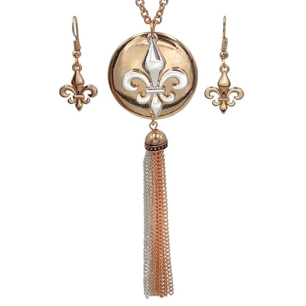Copper & Silver Long Fleur De Lis Tassel Necklace & Earrings Set